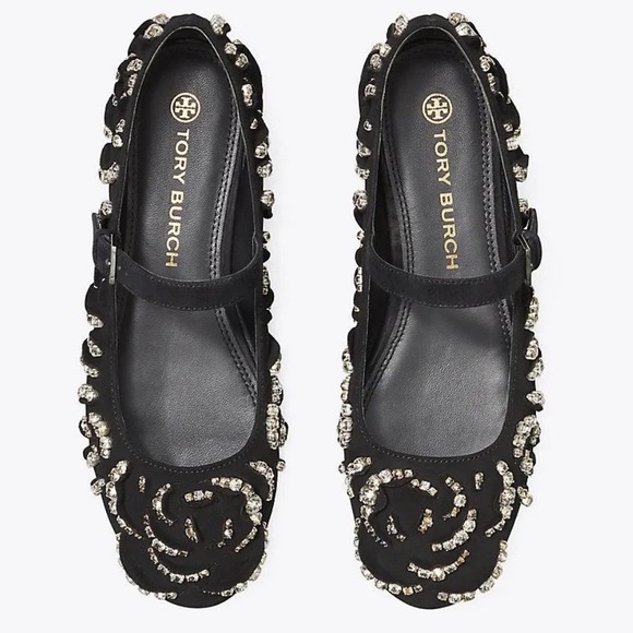 $398 TORY BURCH Crystal Petal Perfect Black Suede Embellished Ballet Flats SZ 8 - Picture 1 of 15